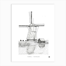 Windmill Netherlands - Dutch Pen and Ink Art Art Print