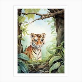 Tiger Illustration Birdwatching Watercolour 4 Art Print