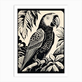 B&W Bird Linocut Macaw 1 Art Print