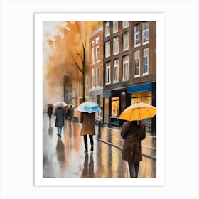 Amsterdam cafes, autumn season, rain, autumn oil colours.Faded colours,People passing on the street, winter clothes, rain umbrellas.12 4 Art Print