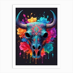 Floral Bull Skull Neon Iridescent Painting (27) Art Print