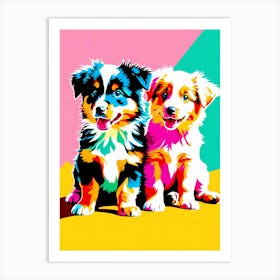 'Australian Shepherd Pups' , This Contemporary art brings POP Art and Flat Vector Art Together, Colorful, Home Decor, Kids Room Decor,  Animal Art, Puppy Bank - 6th Art Print