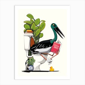 Black Stork On The Toilet Art Print