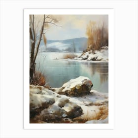 Ancient landscapes, old winter oil paintings and rocks around the lake bank. Snow is falling on the lake, old colors.12 Art Print