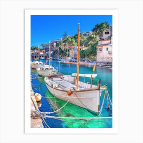 Cala Figuera with anchoring boats at beautiful seaside coast scenery on Mallorca island, Spain Art Print