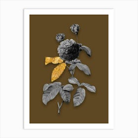 Vintage Agatha Rose in Bloom Black and White Gold Leaf Floral Art on Coffee Brown n.0809 Art Print