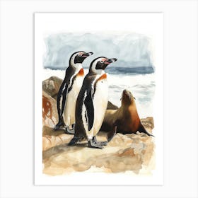 Humboldt Penguin Sea Lion Island Watercolour Painting 1 Art Print