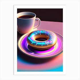 A Donut On A Plate With A Coffee Next To It Holographic 1 Art Print