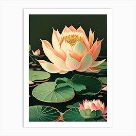 Blooming Lotus Flower In Lake Retro Illustration 2 Art Print