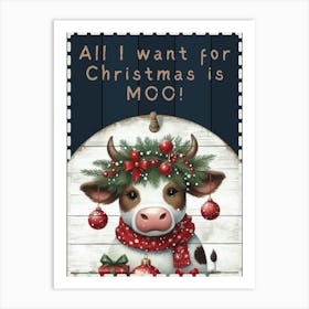 Funny Cute Cow Christmas Blue Sign Art Print