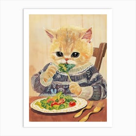 Tan Cat Eating A Salad Folk Illustration 2 Art Print