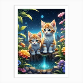 Two Kittens In A Pond Art Print