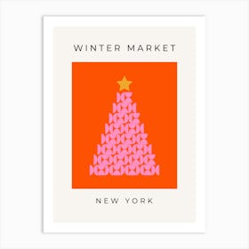 Winter Market | 02 - Orange And Pink Christmas Tree Art Print