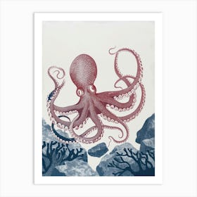 Red Octopus Linocut On The Ocean Floor Linocut Inspired 2 Art Print