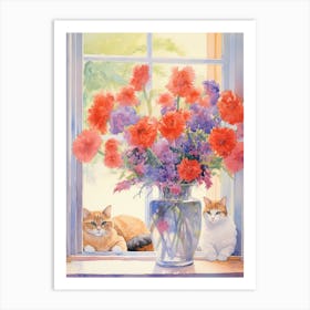Cat With Poppy Flowers Watercolor Mothers Day Valentines 1 Art Print