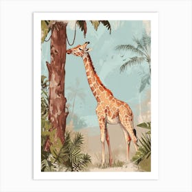 Giraffe Scratching Against A Tree Art Print