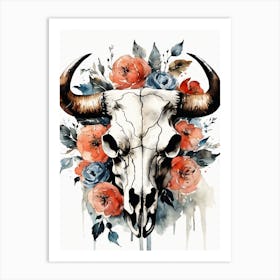 Vintage Boho Bull Skull Flowers Painting (35) Art Print