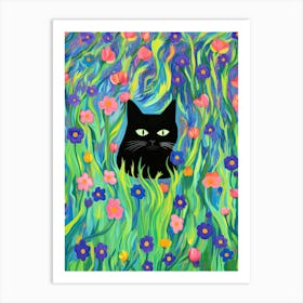 Black Cat In A Flower Field Colourful Painting Art Print