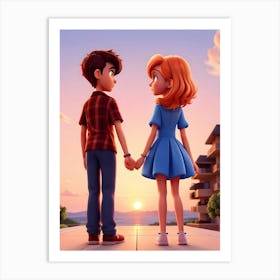 Boy And Girl Holding Hands Sunset View Art Print