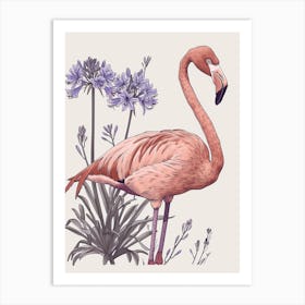 American Flamingo And Agapanthus Minimalist Illustration 4 Art Print