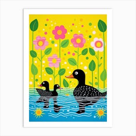 Floral Black Patterned Ducks Art Print