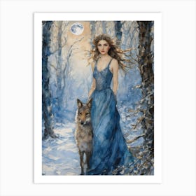 Diana - Goddess of Wolves, Pagan Moon Goddess Fairytale Witchy Watercolor Wiccan Original by Lyra the Lavender Witch - Winter Forest Yule Full Moon Spell Casting Magick Artwork Perfect For Witchcore or Cottagecore Gallery Feature Wall HD Art Print
