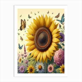 Sunflowers And Butterflies 4 Art Print