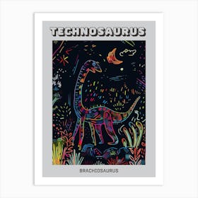 Abstract Neon Line Illustration Brachiosaurus 5 Poster Art Print