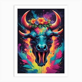 Floral Bull Skull Neon Iridescent Painting (23) Art Print
