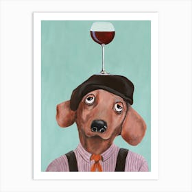 French Dachshund With Wineglass Mint & Brown Art Print
