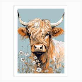 Chalk Blue Floral Portrait Of Highland Cow Art Print