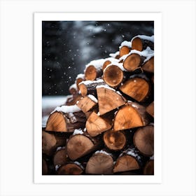 Stacked Logs In The Snow Art Print