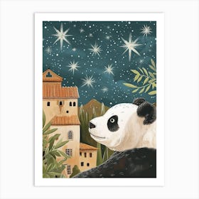 Giant Panda Looking At A Starry Sky Storybook Illustration 3 Art Print