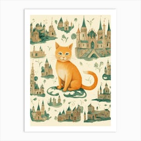 Cute Ginger Cat With Medieval Castles Art Print