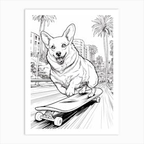 Pembroke Welsh Corgi Dog Skateboarding Line Art 4 Art Print