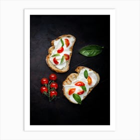 Bread with cheese & tomato — Food kitchen poster/blackboard, photo art Art Print