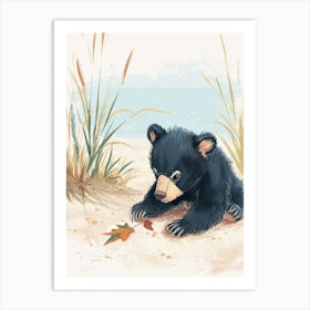 American Black Bear Cub Playing With A Fallen Leaf Storybook Illustration 4 Art Print