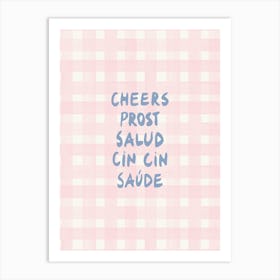 Cheers Prost Salud modern capitalized hand-lettering gingham in pink and blue Art Print