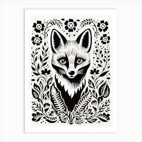 Fox In The Forest Linocut White Illustration 22 Art Print