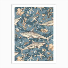 Pastel Blue Pelagic Thresher Watercolour Seascape Pattern 2 Art Print