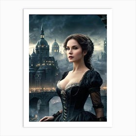 Digital Painting of Gorgeous Victorian Woman with Classic London City Scenery #6 Art Print