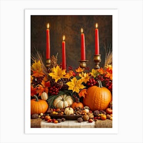 Autumn Harvest Table Centerpiece Overflowing With Gourds And Pumpkins Surrounded By Red And Gold C (2) Art Print