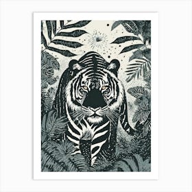 A Prowling Tiger In A Dense Jungle linocut Art Print