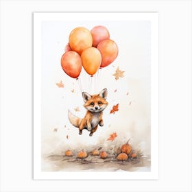 Red Fox Flying With Autumn Fall Pumpkins And Balloons Watercolour Nursery 4 Art Print