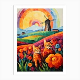 Ginger Cats With A Medieval Windmill Background Art Print