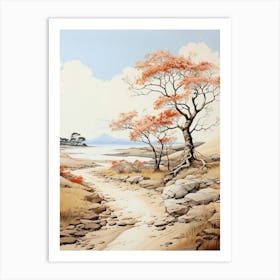 Tottori Sand Dunes In Tottori,  Japanese Brush Painting, Sumi E, Minimal  1  Art Print