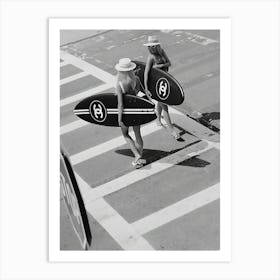 Surfer Girls Black And White Vintage Surf Luxury Art Print