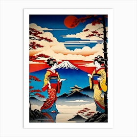 Two Geisha Women at Mt Fuji Art Print
