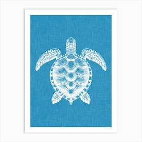 Vintage Sea Turtle Silhouette On Ocean Blue Linen Texture Art Print