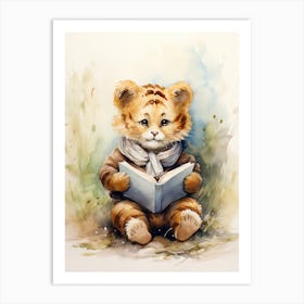 Tiger Illustration Reading Watercolour 2 Art Print